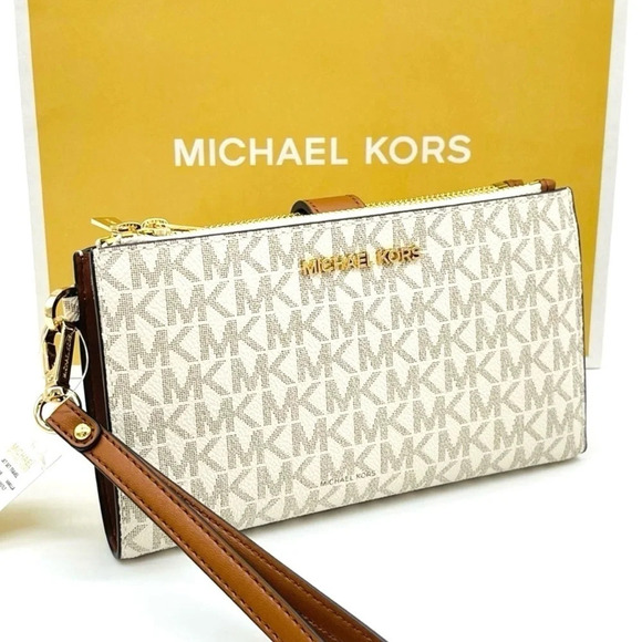 Michael Kors Large Double Zip Wallet Wristlet Vanilla/Brown - Picture 1 of 8